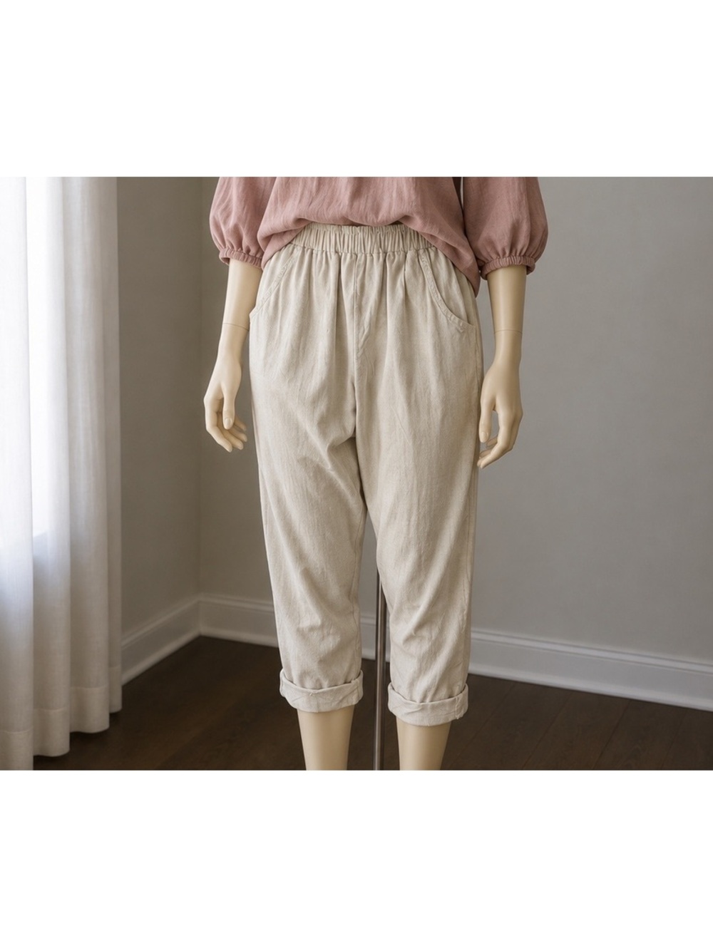 Farmhouse Frocks Pants Women’s L Beige Pull On Cropped Tapered Cottagecore